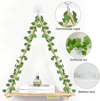 RICHER HOUSE Artificial Ivy LED-Strip Wall Hanging Shelves Set of 2, Macrame Shelf No Drilling for Bedroom Living Room Kitchen, Wood Hanging Plant Shelves for Wall Décor, Christmas Decorations