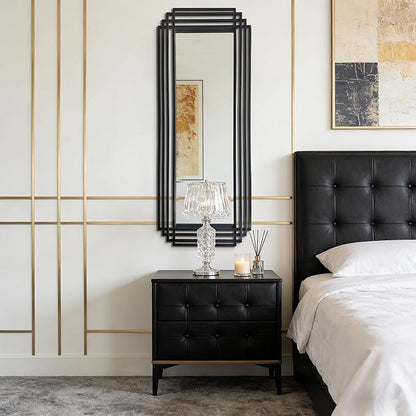 Geometric Mirror with Black Metal Frame, 63"x24" Large Rectangle Art Deco Mirror, Modern Elegant Wall Mirrors for Living Room Bathroom Entryway Hallway, Hangs Vertically or Horizontally
