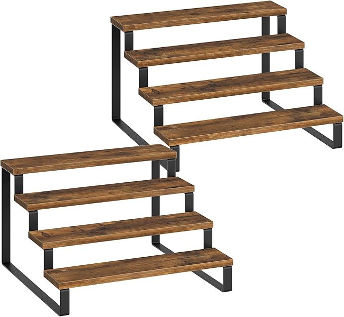 Spice Rack, 4 Tier Wooden Display Riser Stand, Kitchen Storage Organizer for Spices, Versatile Display Shelf, Space Saving, for Kitchen Countertop and Cabinet, Rustic Brown SR04L2BR