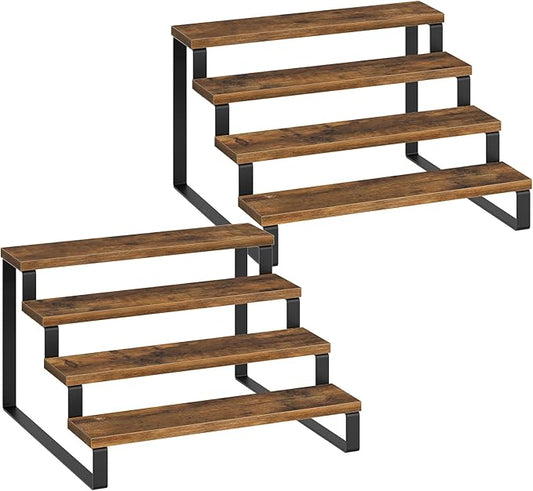 Spice Rack, 4 Tier Wooden Display Riser Stand, Kitchen Storage Organizer for Spices, Versatile Display Shelf, Space Saving, for Kitchen Countertop and Cabinet, Rustic Brown SR04L2BR