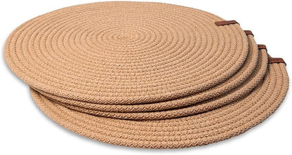 Round Placemats, Set of 4, Handmade by Braided Cotton Cord for Kitchen and Dining Table, Dia. 12.6 Inch, Doublesided, Heat Resistant, Cappuccino