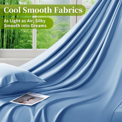 Shilucheng 100% Viscose Derived from Bamboo_ Sheets Cal King Size 4pcs - Ultra Cooling & Silky Soft Bed Sheets, 16" Deep Pocket, Perfect for Hot Sleepers, Hotel Bedding Sheets(Lake Blue)