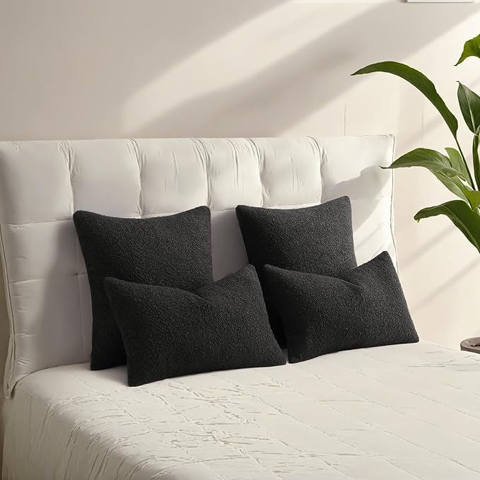 HAUSSY Set of 2 16x16 Decorative Throw Pillow Covers, Soft Cozy Textured Boucle Couch Cases, Home Decor for Couch Bed Living Room, Black