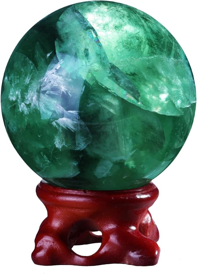 moonsix Natural Fluorite Crystal Sphere with Resin Stand Healing Energy Stone Decorative Ball Sculpture for Home Office Tabletop, 51-60 mm