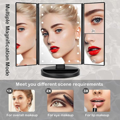 Tri-fold Lighted Vanity Makeup Mirror with 3x/2x Magnification,21 LEDs Light and Touch Screen,180 Degree Free Rotation Countertop Cosmetic Mirror,Travel (Black)