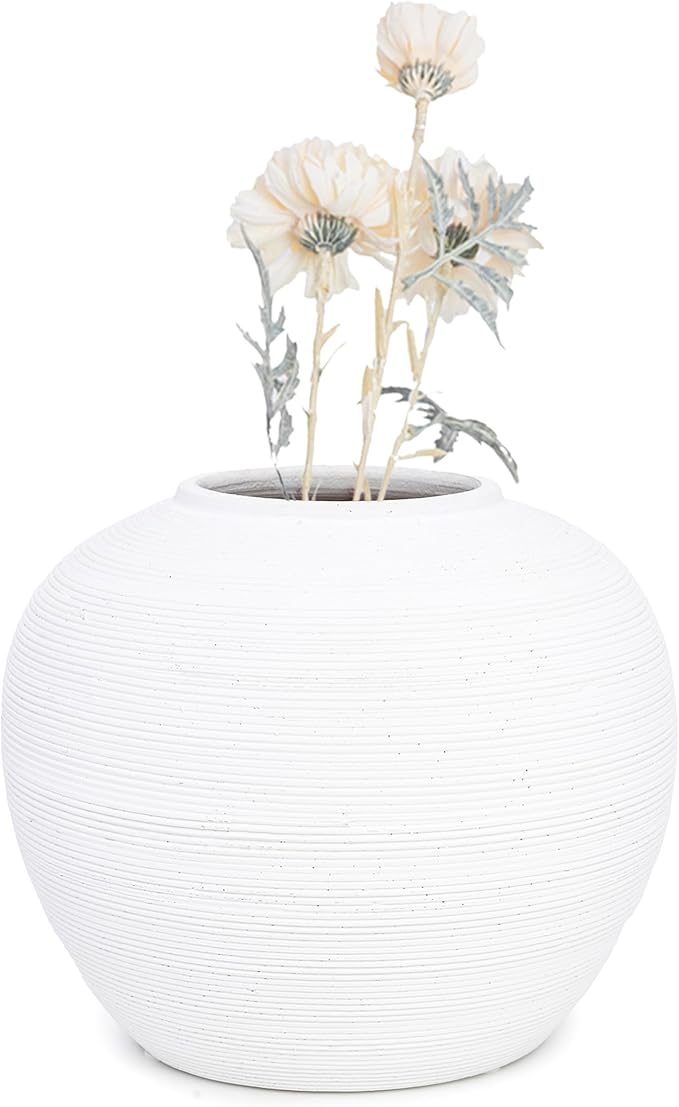 Off-White Vase with Subtle Ribbed Textured-Modern Minimalist Decorative Vase for Dried Flowers, Elegant Table Decor for Shelf Fireplace Mantel [7.5” W x 6.5” H]