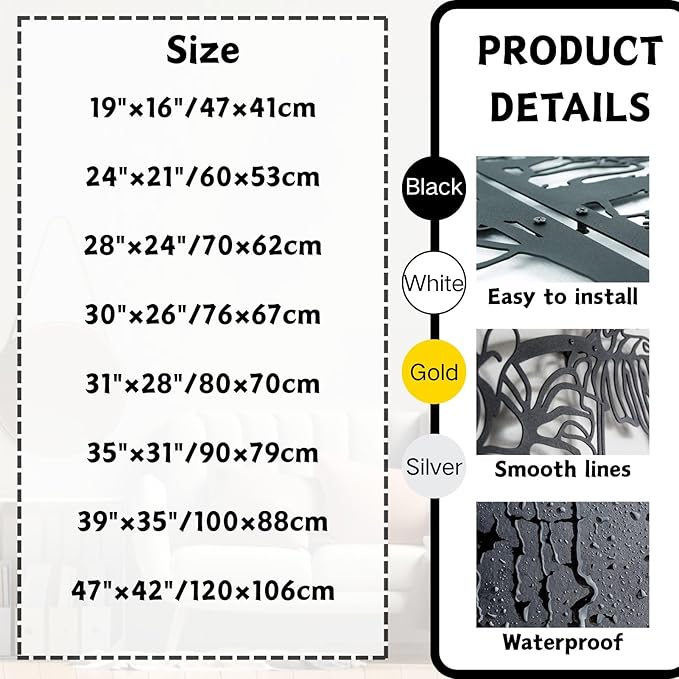 huefoam Cat Metal Wall Art, Tree of Life Wall Art, Cat Wall Decor, Metal Tree Wall Decor for Living Room, Bedroom, Bathroom (Black, 19"×16"/47×41cm, metal art wall decor)