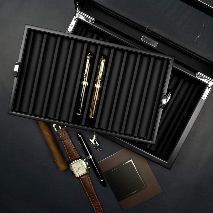 Pen Display Box Ebony Wood Display Case with Glass Window and Tray - Holds Up to 20 Pens