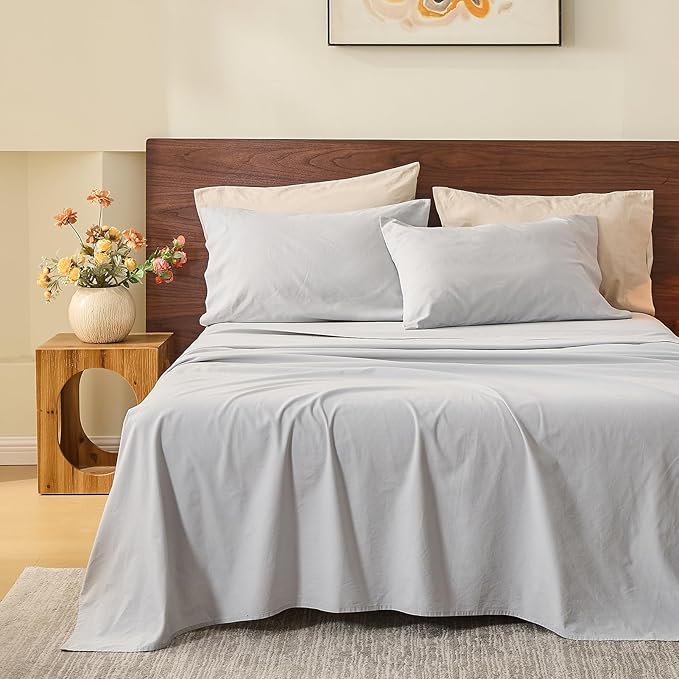 MEISHANG 100% French Pure Linen Sheets Queen Size - Bed Sheets 4 Piece Sets, Soft Durable Flax Linen, Anti-Tear Breathable Oeko-Tex Certified with 16" Deep Pocket (Silver Grey)