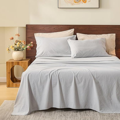 MEISHANG 100% French Pure Linen Sheets Queen Size - Bed Sheets 4 Piece Sets, Soft Durable Flax Linen, Anti-Tear Breathable Oeko-Tex Certified with 16" Deep Pocket (Silver Grey)