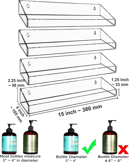 AMT 4 Pack Acrylic Floating Shelves, 15" L x 4" W, Clear Bathroom Wall Shelf, Bookshelves, Invisible Display for Office, Bedroom, Small Gap Allows Water to Escape, Free Screws & Drill Bit