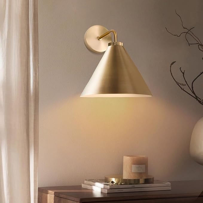 Retro Industrial Metal Cone Sconce Light - Vintage-Inspired Modern Gold Wall Sconce with Metal Shade, Wall Mount Lighting for Bedroom, Hallway, Living Room (Gold, 11 inch)