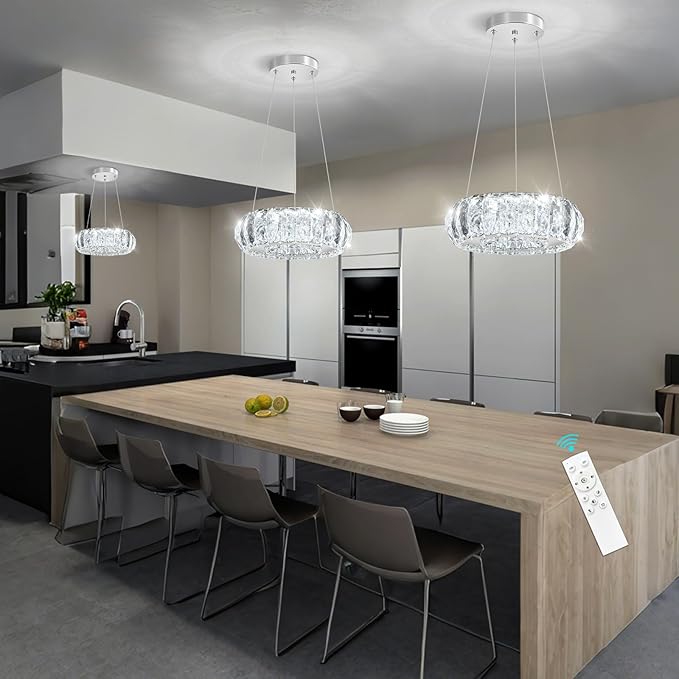 LED Ring Chandelier Modern Pendant Lights for Kitchen Island Dining Room Remote Dimmable Hanging Light Entryway Bedroom Crystal Lighting Silver Chandeliers