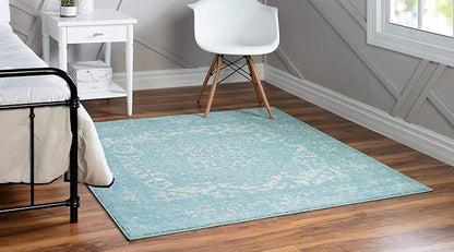 Rugs.com Arlington Collection Rug – 5 Ft Square Aqua Medium-Pile Rug Perfect for Living Rooms, Kitchens, Entryways