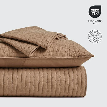 EVERGRACE Cross Stitch Pre-Washed Cotton Quilt Bedding Set King Size, Oversized 3 Pieces Lightweight Bedspread Coverlet for All Season, with 2 Matching Shams, Camel Brown,108"x96"
