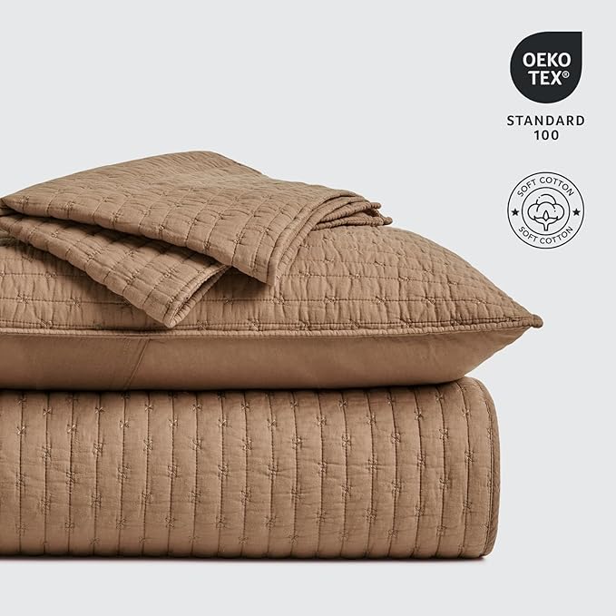 EVERGRACE Cross Stitch Pre-Washed Cotton Quilt Bedding Set Queen Size, Oversized 3 Pieces Lightweight Bedspread Coverlet for All Season, with 2 Matching Shams, Camel Brown, 92"x96"