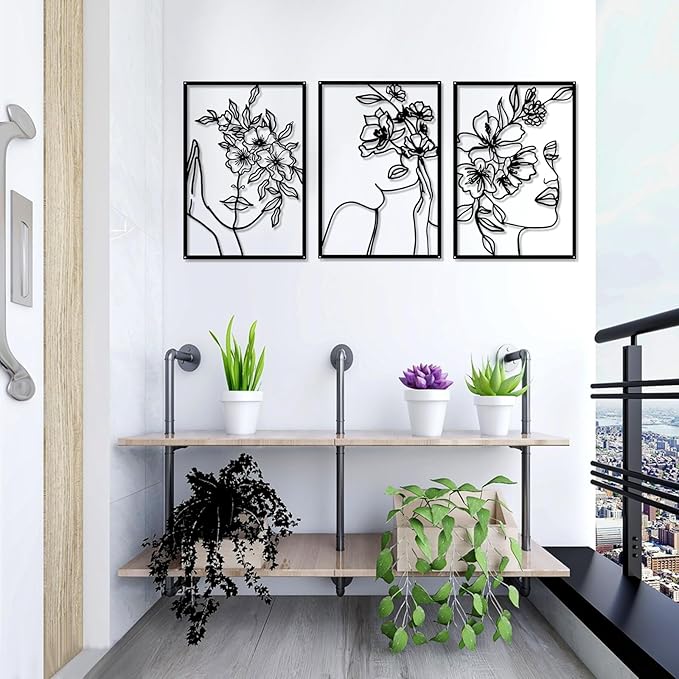 DETENE 3 Pieces Black Metal Wall Decor Minimalist Abstract Metal Wall Art Modern Woman Line Art Decor Single Line Art Décor for Living Room Bedroom Bathroom Kitchen Office(L Size 17 x 11.8'')