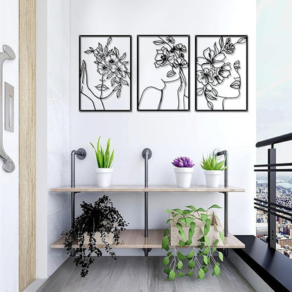 DETENE 3 Pieces Black Metal Wall Decor Minimalist Abstract Metal Wall Art Modern Woman Line Art Decor Single Line Art Décor for Living Room Bedroom Bathroom Kitchen Office(L Size 17 x 11.8'')