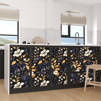 Blue/Gold Leaf Wallpaper Peel and Stick Vintage Dark Floral Wallpaper Waterproof Self Adhesive Removable Boho Wall Paper Modern for Bedroom Walls Drawer Cabinet 17.5in x393in