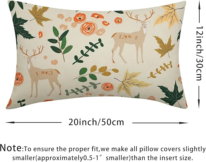 Deer Fall Pillow Covers 12x20 Set of 2 Green Cream Maple Leaf Autumn Outdoor Christmas Pillows Case Animal Print Pattern Decorative Xmas Cushion Cover Rustic Decoration Farmhouse Sofa Couch Bed Decor