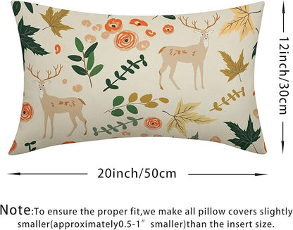 Deer Fall Pillow Covers 12x20 Set of 2 Green Cream Maple Leaf Autumn Outdoor Christmas Pillows Case Animal Print Pattern Decorative Xmas Cushion Cover Rustic Decoration Farmhouse Sofa Couch Bed Decor