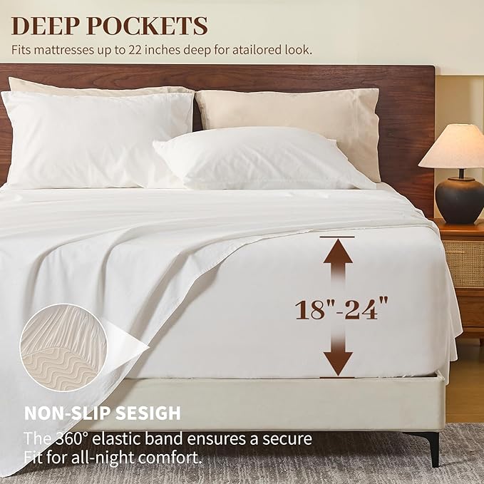 MEISHANG 100% French Pure Linen Sheets King Size - Extra Deep Pocket Sheet Set, Soft Durable Flax Linen, Anti-Tear Breathable & Oeko-Tex Certified 18-24 Deep Pocket,All Season(White)