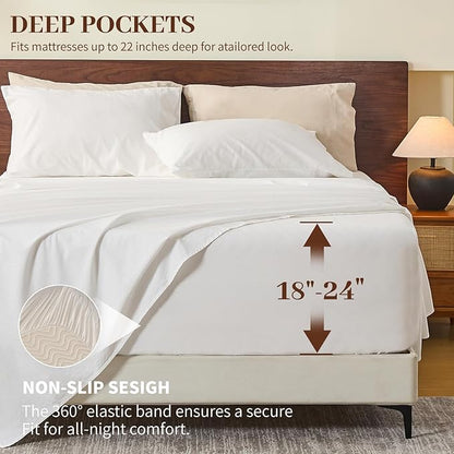 MEISHANG 100% French Pure Linen Sheets Queen Size - Extra Deep Pocket Sheet Set, Soft Durable Flax Linen, Anti-Tear Breathable & Oeko-Tex Certified 18-24 Deep Pocket,All Season(White)