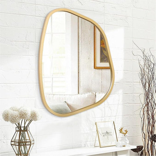 Large Asymmetrical Wall Mirror Irregular Wood Frame Modern Unique Wall-Mounted Artistic Wavy Mirror Decor Bathroom Vanity Bedroom Living Room Entryway Hallway 26"x18"