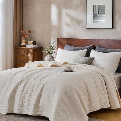 DOWN HOME King Quilt Bedding Set with Shams, Vintage Washed Soft Quilted Blanket Thin Comforter Lightweight Bedspread Coverlet Bed Cover, Brushed Microfiber Stripe Stitching, Linen White, 104"x90"