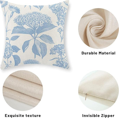 Baby Blue Pillow Covers 18x18 Set of 2 Vintage Boho Floral Hydrangea Herbs Botanical Throw Pillows Outdoor Flower Decoration Pillowcase Linen Farmhouse Cushion Case Decorative for Couch Sofa
