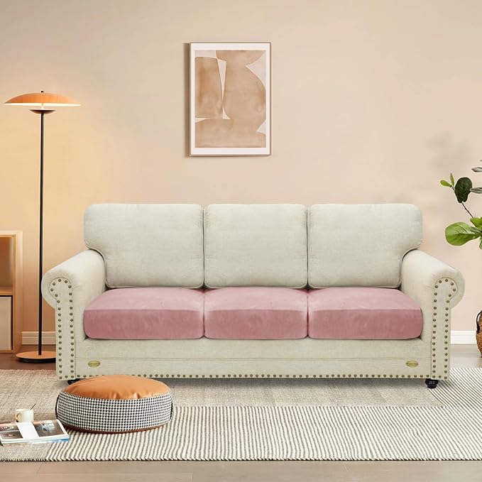 MAXIJIN Velvet Stretch Seat Cushion Covers Couch Cushion Cover for Individual Cushions Sofa Seat Cushion Slipcovers with Elastic Bottom (3 Piece XL Sofa Cushion Covers, Dusty Pink)