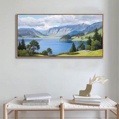 Landscape Wall Art for Living Room - with Mountain and Lake Scenery Pictures Wall Decor Large Canvas Wall Art, Forest and Nature Wall Decor for Bedroom, Green Artwork Prints for Above Bed 24×48IN