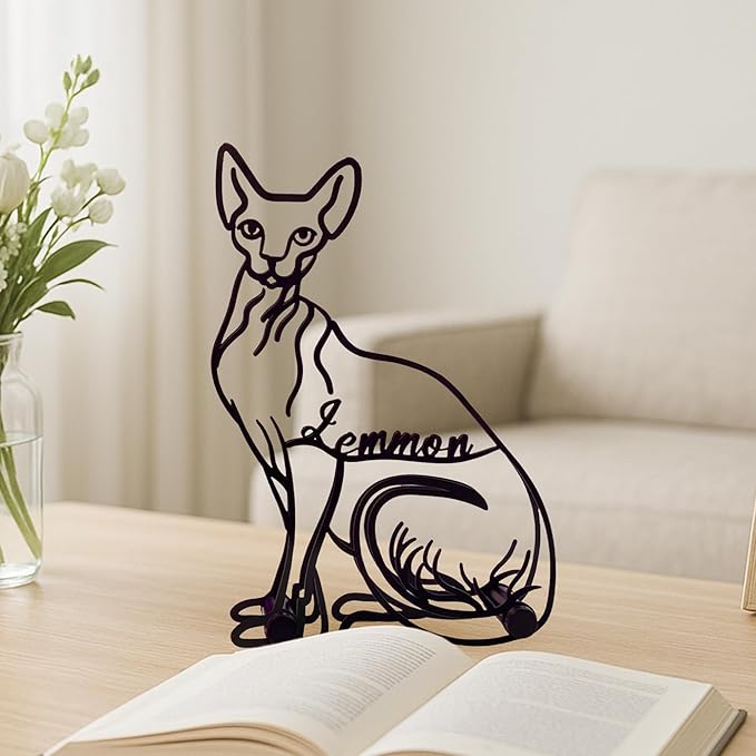 Personalized Sphynx Cat Minimalist Sculpture, Custom Pet Name Metal Desk Decor, Decorative Aesthetic Table Sign Gifts For Cats Lovers, Kids Room, Home Office Decorations