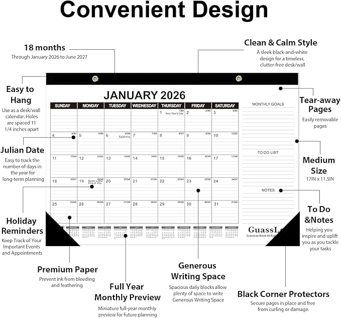 GuassLee Desk Calendar 2026, 3 Packs, 18 Months Calendar 17" × 11.5" Desk Calendar from Jan. 2026 to Jun. 2027 with Julian Date, To-do List, Notes, Monthly Goals, for Home School Office