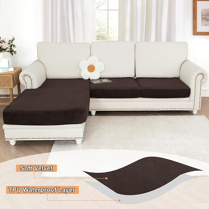 NAISI Waterproof Couch Cushion Covers Thick Velvet Fabric Washable Sofa Slipcovers Sectional Couch Covers for 3 Pieces Separate L Shape Couch Cover with Elastic Bottom(2 Seater + 1 Chaise, Coffee)