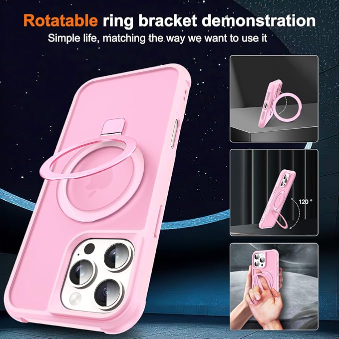 Compatible with iPhone 16 Pro Case with Invisible Magnetic O-Ring Stand Military-Grade Translucent Case for iPhone 16 Pro 6.3" [Compatible with Mag-Safe][Great Grip Feeling], Pink