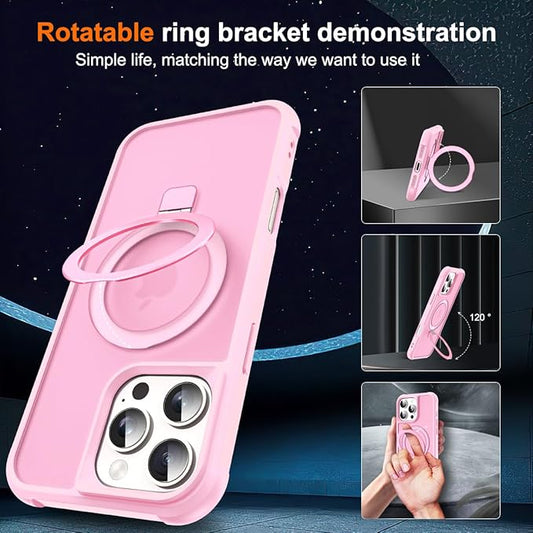 Compatible with iPhone 16 Pro Case with Invisible Magnetic O-Ring Stand Military-Grade Translucent Case for iPhone 16 Pro 6.3" [Compatible with Mag-Safe][Great Grip Feeling], Pink
