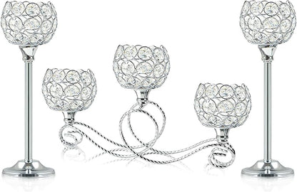 Silver 5 Arm Metal Crystal Tea Light Candle Holder, Elegant Wedding Table Centerpiece Candle Holder, Christmas Wishing Crystal Bowl Candle Holder Suitable for Wedding Party Living Room Decoration