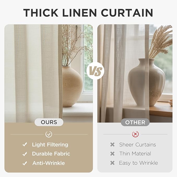 Joydeco Linen Curtains 96 inch Length 2 Panel Set, Light Filtering Curtain for Living Room Bedroom, 52 inch Wide Drapes with Rod Pocket Back Tab (96" Lx52 W, Ivory on Linen)