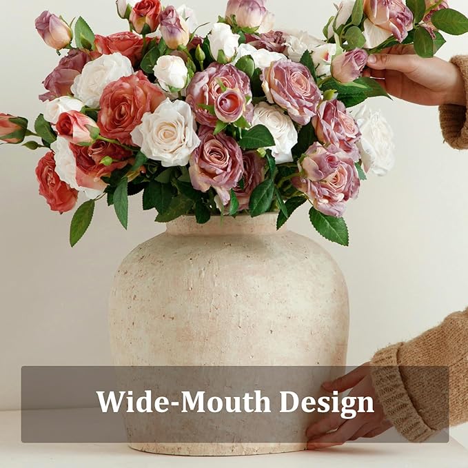 Large Ceramic Vase, 11" Rustic Farmhouse Terracotta Vase for Home Decor, Handicraft Decorative Flower Vase for Living Room, Table Centerpiece, Bedroom (Rustic Beige)