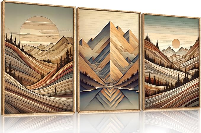 Aryroi Vintage Woodcut Style Mountain Framed Canvas Wall Art Set,Mid Century Nature Woodland Pine Tree Wall Decor,Modern Boho Brown Sunrise Forest Artwork for Living Room,Bedroom,Office- 16"x24"x3