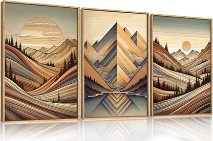 Aryroi Vintage Woodcut Style Mountain Framed Canvas Wall Art Set,Mid Century Nature Woodland Pine Tree Wall Decor,Modern Boho Brown Sunrise Forest Artwork for Living Room,Bedroom,Office- 16"x24"x3
