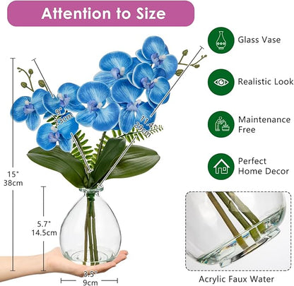 Oairse Blue Orchids Artificial Flowers, Faux Orchid in Glass Vase Real Touch Small Phalaenopsis Orchid Flowers Arrangements with Clear Vase Orchids Centerpiece for Dining Room Table