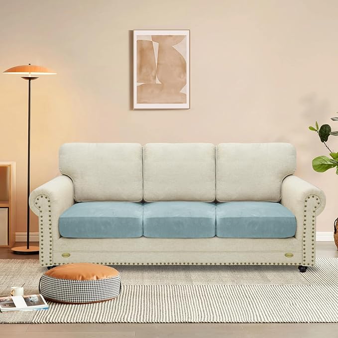 MAXIJIN Velvet Stretch Cushion Covers Fitted Couch Cushion Slipcovers Sofa Seat Cushion Covers for Individual Cushions with Elastic Bottom (3 Piece Sofa Seat Slipcovers, Dusty Blue)