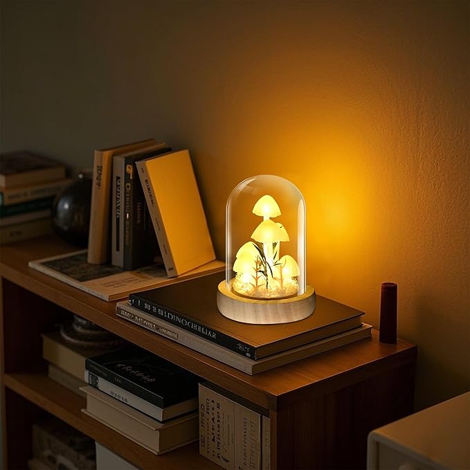 QUELIEN Christmas Mushroom Lamp in Glass Dome,Mushroom Gifts for Women - Warm White LED Night Light for Bedroom Decor,Unique Gifts for Women, Housewarming Birthday Decorations