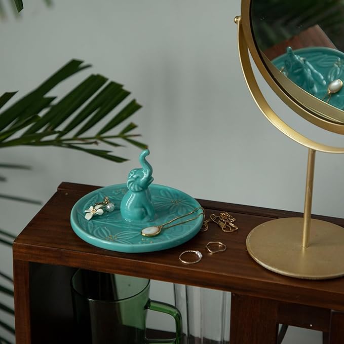 Artistic Ceramic Elephant Jewelry Tray Holder - Elegant Hand-Painted Trinket Dish for Rings, Earrings, Necklaces, Decorative Organizer Bowl for Dresser, Nightstand, Bathroom Counter Top