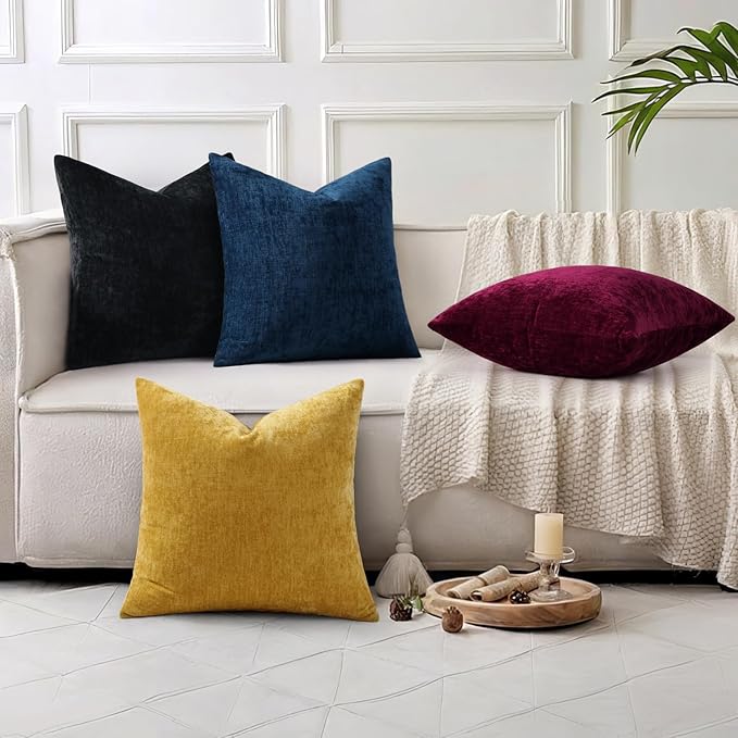 decorUhome Chenille Navy Blue Spring Throw Pillow Covers 24x24 Inch Set of 2, Decorative Soft Couch Pillow Covers Solid Dyed Accent Farmhouse Neutral Square Pillow Cases for Sofa