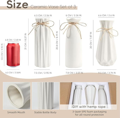 White Ceramic Vase,Modern Ceramic Vases Set of 3,White Tall Flower Vases for centerpieces,Rustic Farmhouse Boho Vase for Table Living Room Bathroom Kitchen Shelf Bedroom Office Party