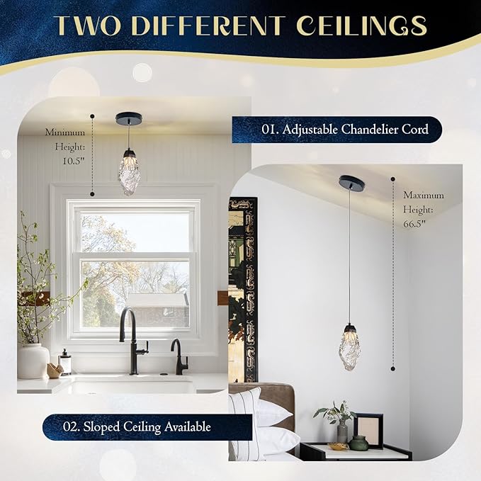 Black Crystal Pendant Light, Modern Mini Hanging Ceiling Light with Prism Crystals, LED Compatible Small Chandelier for Kitchen Island, Bathroom, Bedroom, Bar