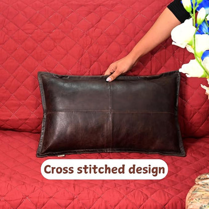 100% Lambskin Leather Pillow Cover - Sofa Cushion Case - Decorative Throw Covers for Living Room & Bedroom, 14x22 Inch - Dark Brown Crunch Box Pack of 1